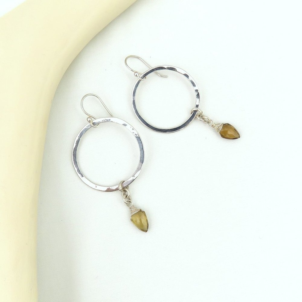 Hoop Earrings with Beer Quartz - Artisan Jewelry - 925 Sterling Silver NWT